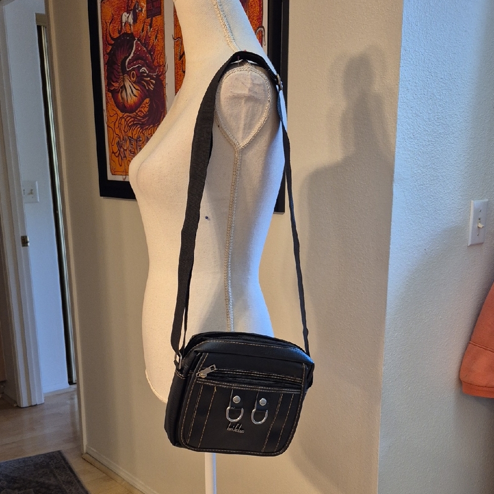 Mei Jie Luo Black Faux Leather Crossbody Purse Bag Adjustable